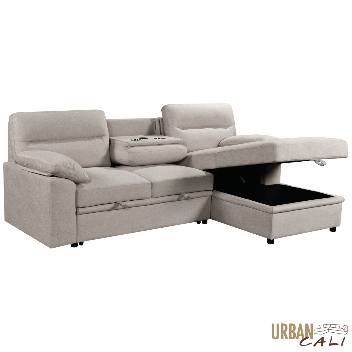 Urban Cali Malibu 94.5" Wide Sleeper Sectional Sofa Bed with Pull Down Tray, Cupholders Wireless Charger and Storage Chaise, image 19