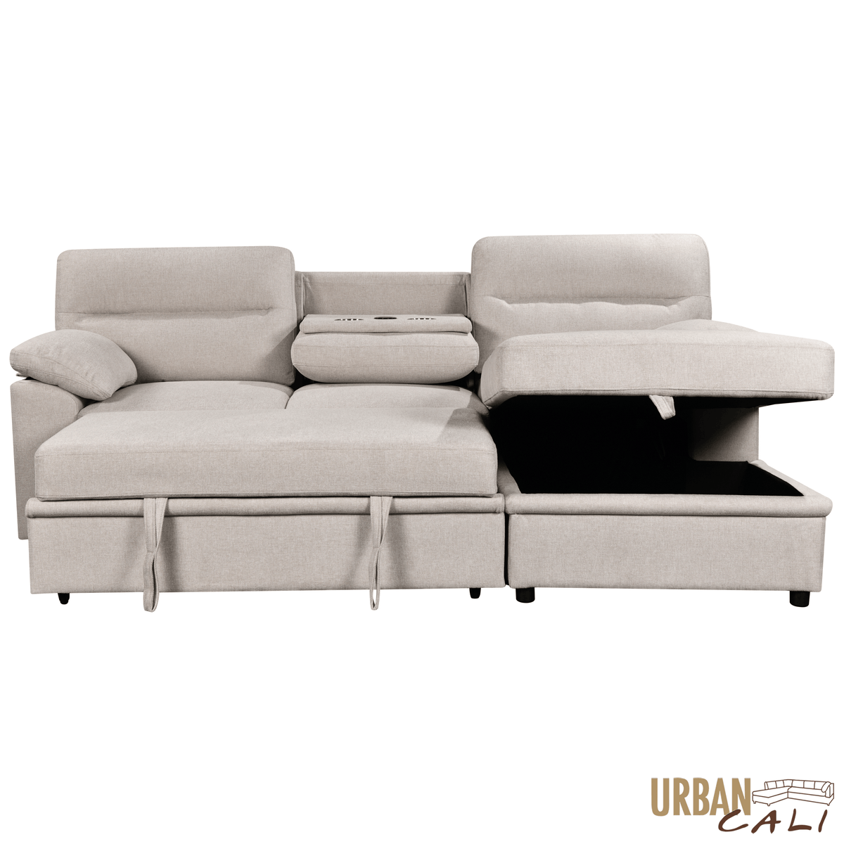 Urban Cali Malibu 94.5" Wide Sleeper Sectional Sofa Bed with Pull Down Tray, Cupholders Wireless Charger and Storage Chaise, image 14