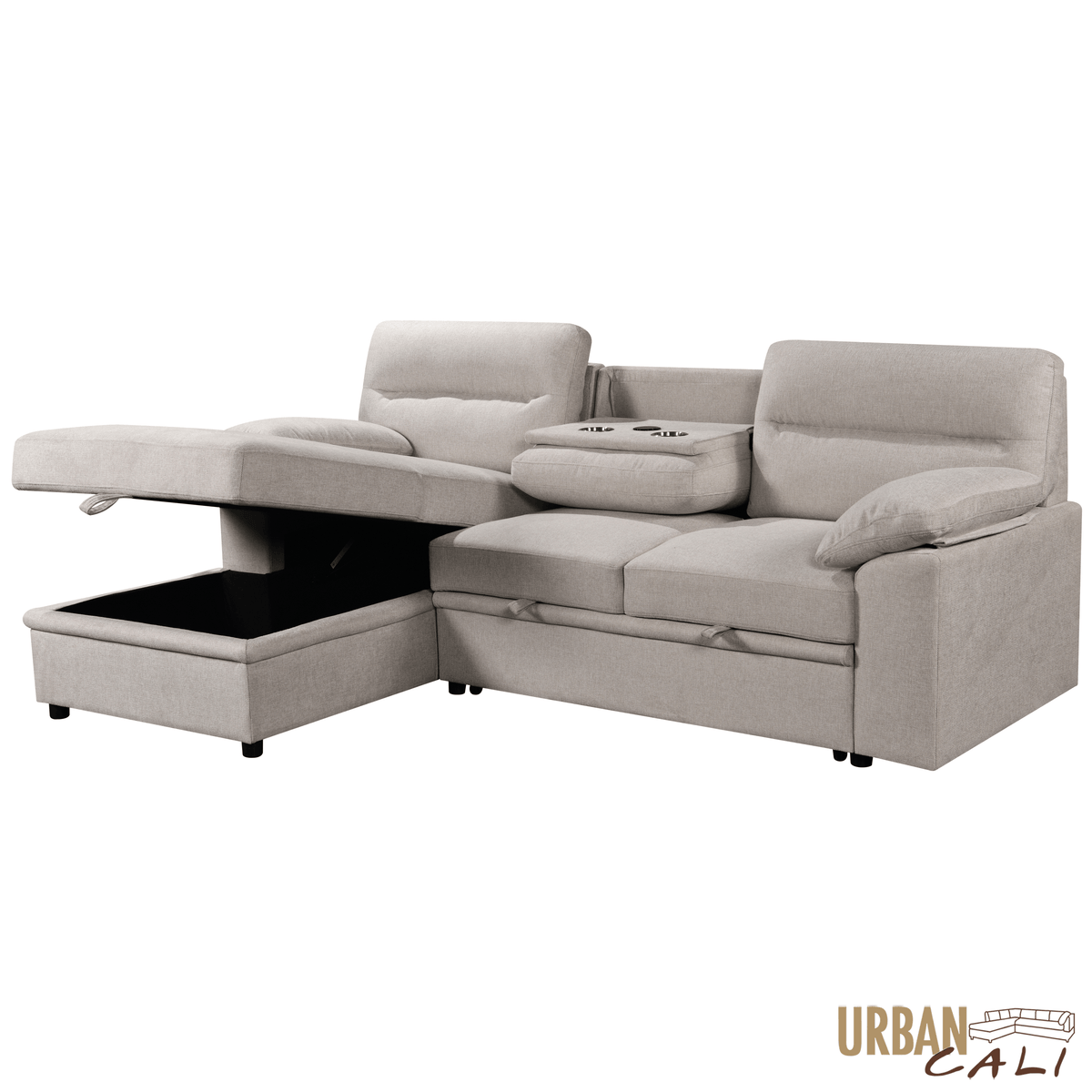 Urban Cali Malibu 94.5" Wide Sleeper Sectional Sofa Bed with Pull Down Tray, Cupholders Wireless Charger and Storage Chaise, image 4