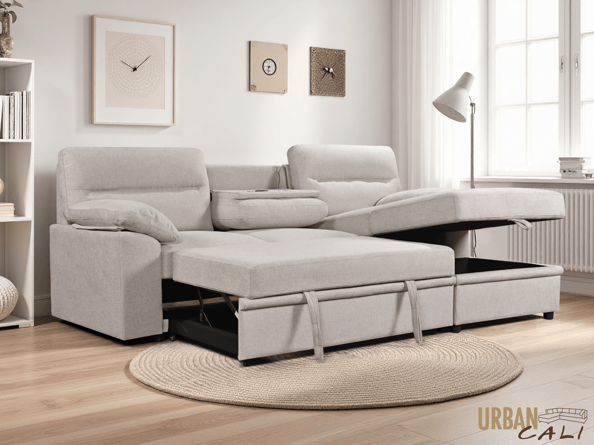 Urban Cali Malibu 94.5" Wide Sleeper Sectional Sofa Bed with Pull Down Tray, Cupholders Wireless Charger and Storage Chaise, image 12