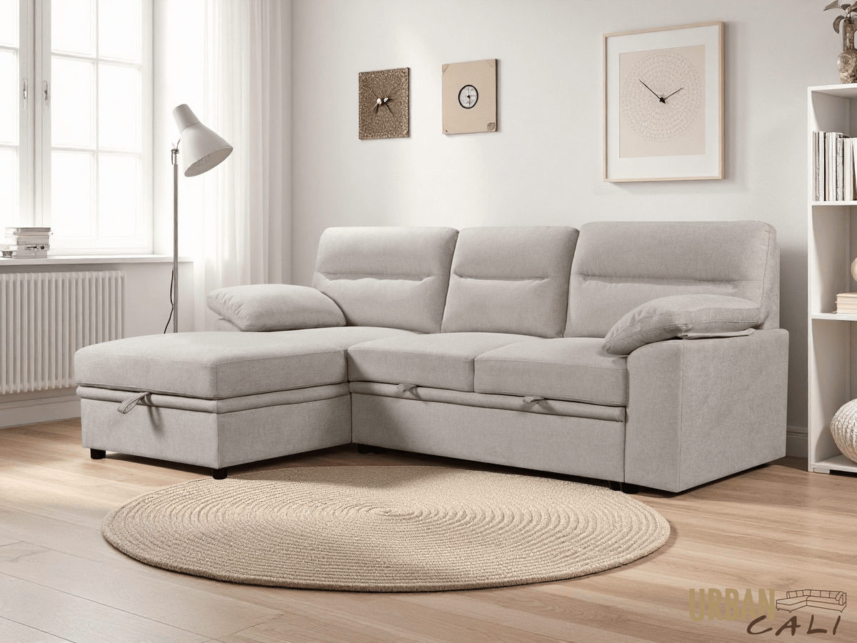 Urban Cali Malibu 94.5" Wide Sleeper Sectional Sofa Bed with Pull Down Tray, Cupholders Wireless Charger and Storage Chaise, image 2