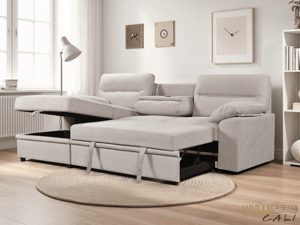 Urban Cali Malibu 94.5" Wide Sleeper Sectional Sofa Bed with Pull Down Tray, Cupholders Wireless Charger and Storage Chaise, image 1