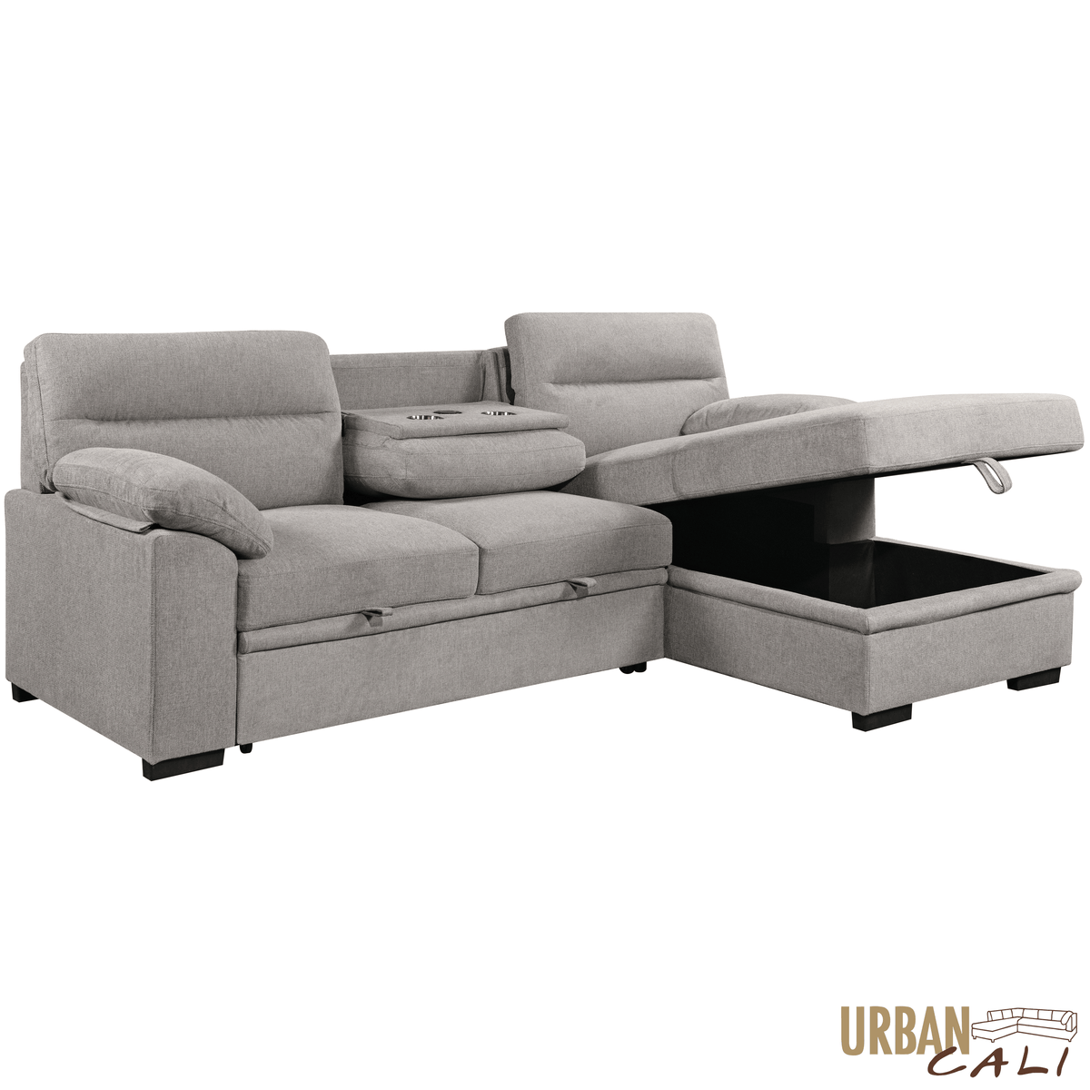 Urban Cali Malibu 94.5" Wide Sleeper Sectional Sofa Bed with Pull Down Tray, Cupholders Wireless Charger and Storage Chaise, image 38