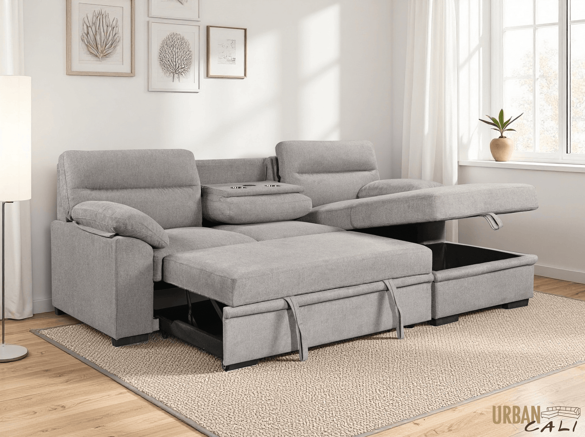 Urban Cali Malibu 94.5" Wide Sleeper Sectional Sofa Bed with Pull Down Tray, Cupholders Wireless Charger and Storage Chaise, image 35