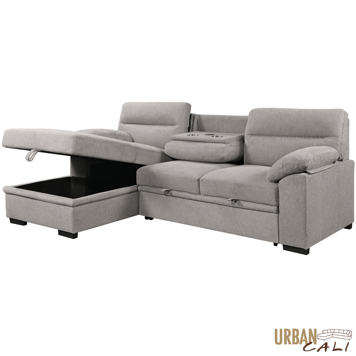 Urban Cali Malibu 94.5" Wide Sleeper Sectional Sofa Bed with Pull Down Tray, Cupholders Wireless Charger and Storage Chaise, image 30