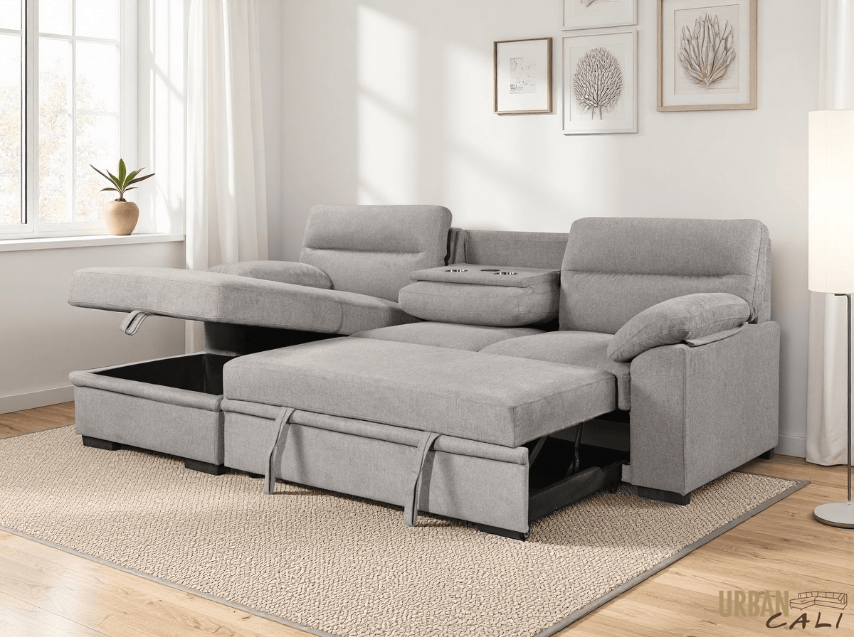 Urban Cali Malibu 94.5" Wide Sleeper Sectional Sofa Bed with Pull Down Tray, Cupholders Wireless Charger and Storage Chaise, image 27