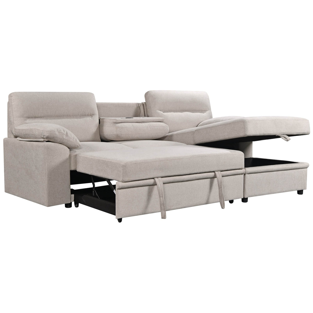 Urban Cali Malibu 94.5" Wide Sleeper Sectional Sofa Bed with Pull Down Tray, Cupholders Wireless Charger and Storage Chaise, image 15