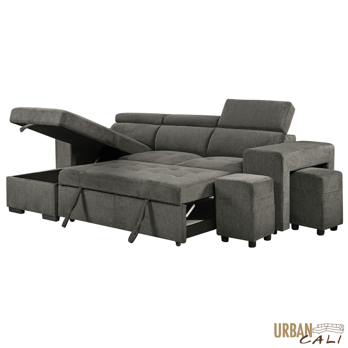 Urban Cali Sonoma 103.5" Wide Sleeper Sectional Sofa Bed with Reversible Storage Chaise and 2 Stools, image 11