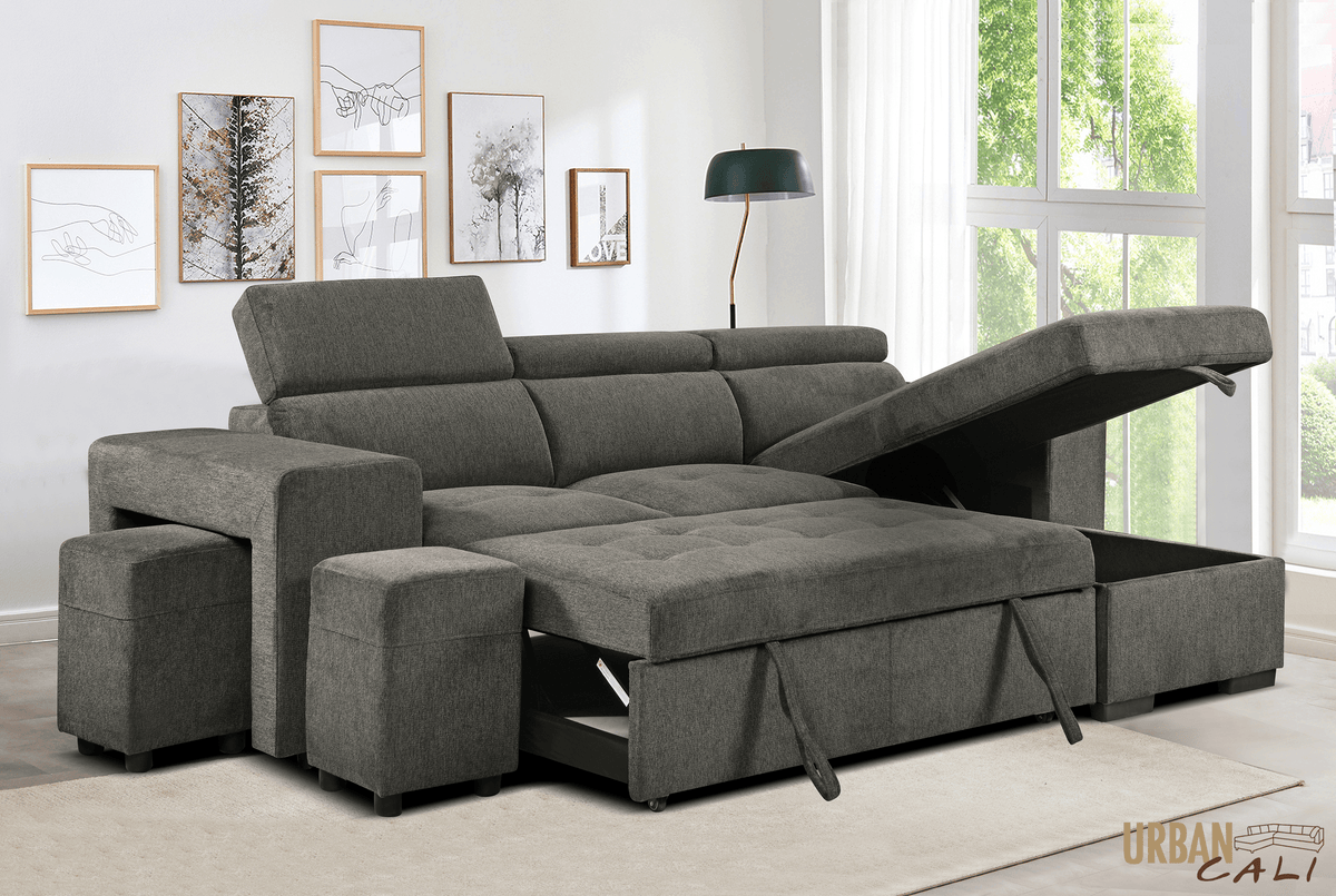 Urban Cali Sonoma 103.5" Wide Sleeper Sectional Sofa Bed with Reversible Storage Chaise and 2 Stools, image 1