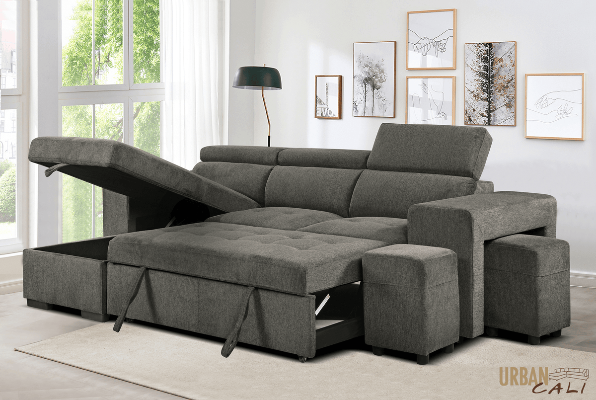 Urban Cali Sonoma 103.5" Wide Sleeper Sectional Sofa Bed with Reversible Storage Chaise and 2 Stools, image 4