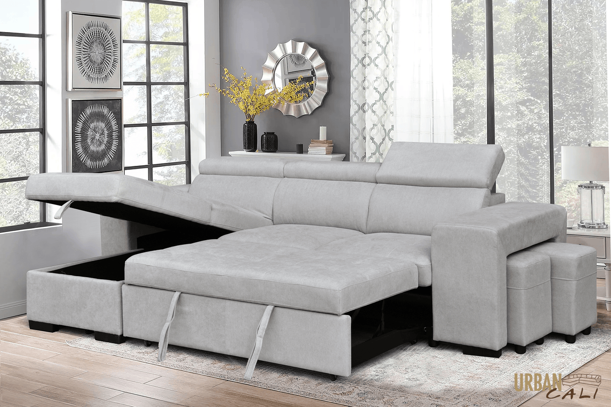 Urban Cali Sonoma 103.5" Wide Sleeper Sectional Sofa Bed with Reversible Storage Chaise and 2 Stools, image 33