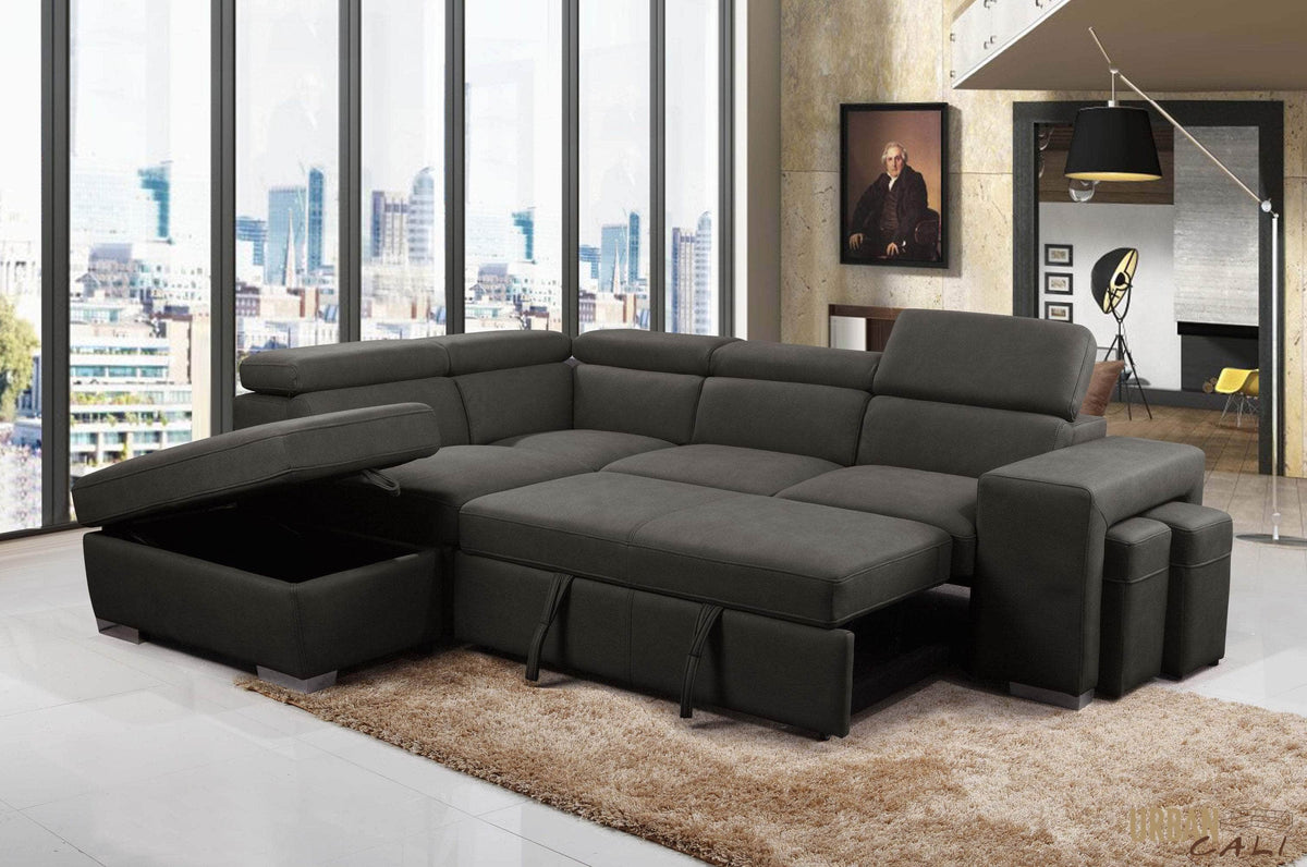 Urban Cali Pasadena 104.5" Wide Large Sleeper Sectional Sofa Bed with Storage Ottoman and 2 Stools, image 4
