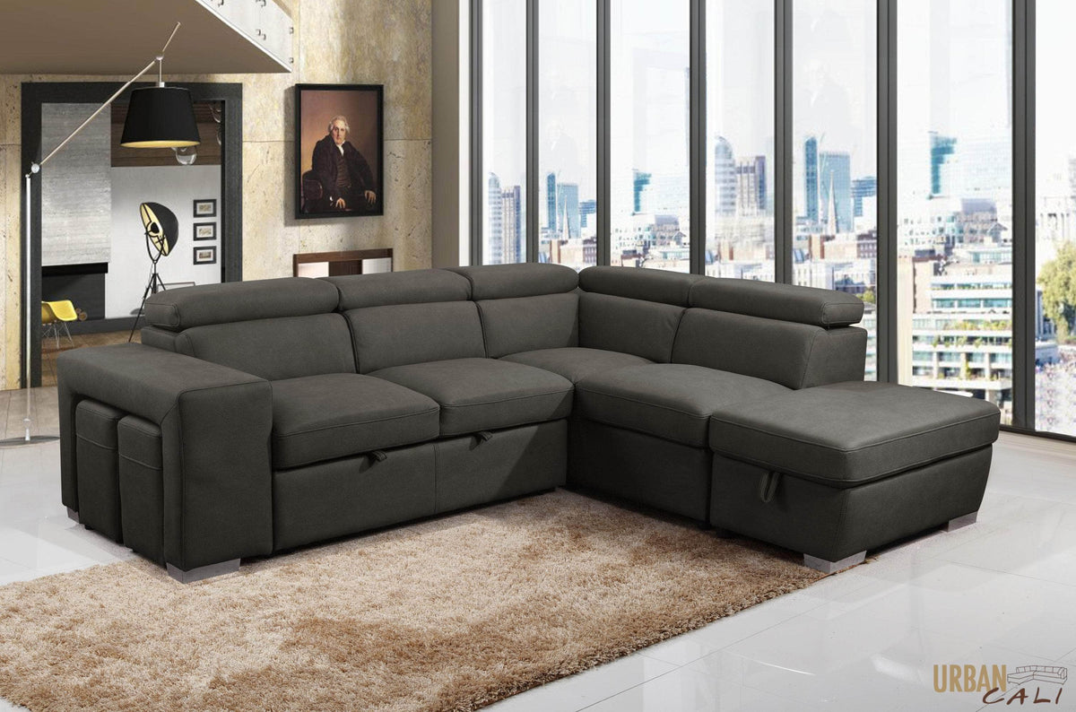 Urban Cali Pasadena 104.5" Wide Large Sleeper Sectional Sofa Bed with Storage Ottoman and 2 Stools, image 2
