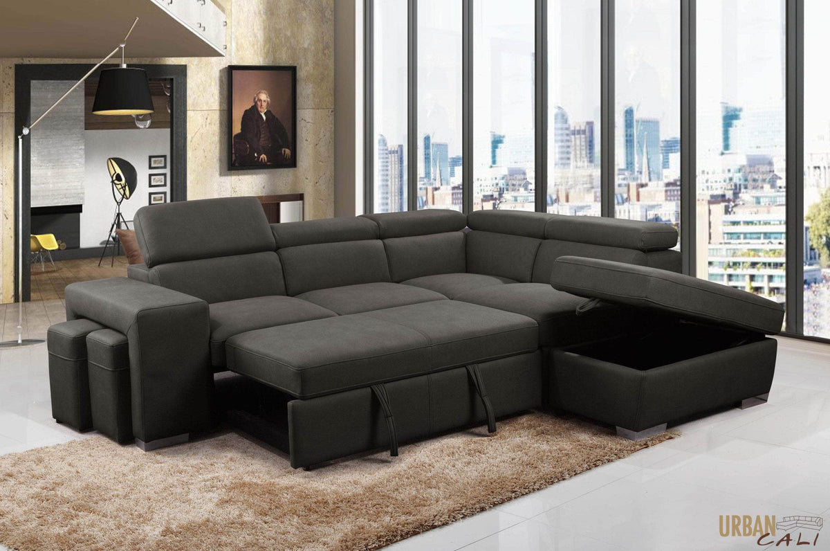 Urban Cali Pasadena 104.5" Wide Large Sleeper Sectional Sofa Bed with Storage Ottoman and 2 Stools, image 1