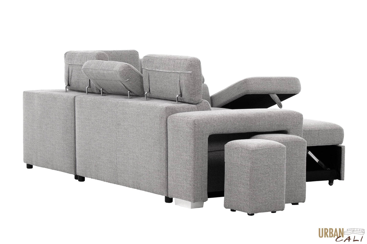 Urban Cali Pasadena 104.5" Wide Large Sleeper Sectional Sofa Bed with Storage Ottoman and 2 Stools, image 51