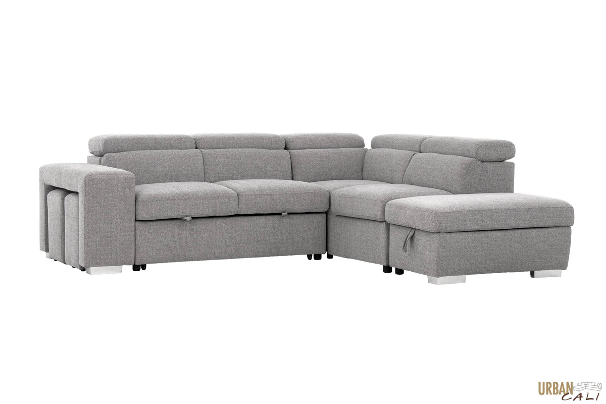 Urban Cali Pasadena 104.5" Wide Large Sleeper Sectional Sofa Bed with Storage Ottoman and 2 Stools, image 46