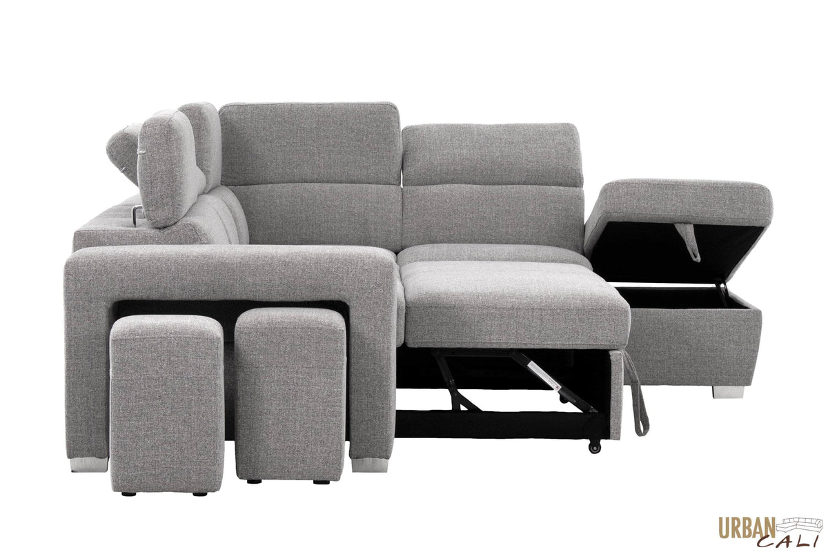 Urban Cali Pasadena 104.5" Wide Large Sleeper Sectional Sofa Bed with Storage Ottoman and 2 Stools, image 49