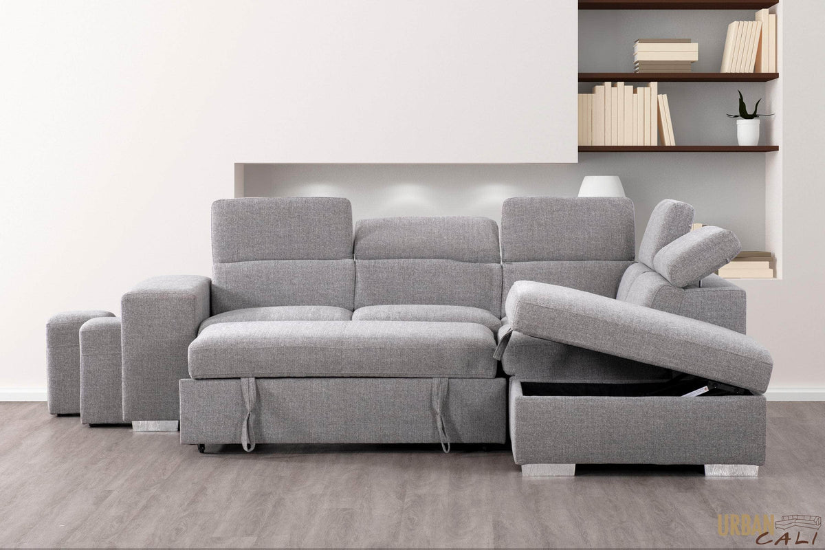 Urban Cali Pasadena 104.5" Wide Large Sleeper Sectional Sofa Bed with Storage Ottoman and 2 Stools, image 11