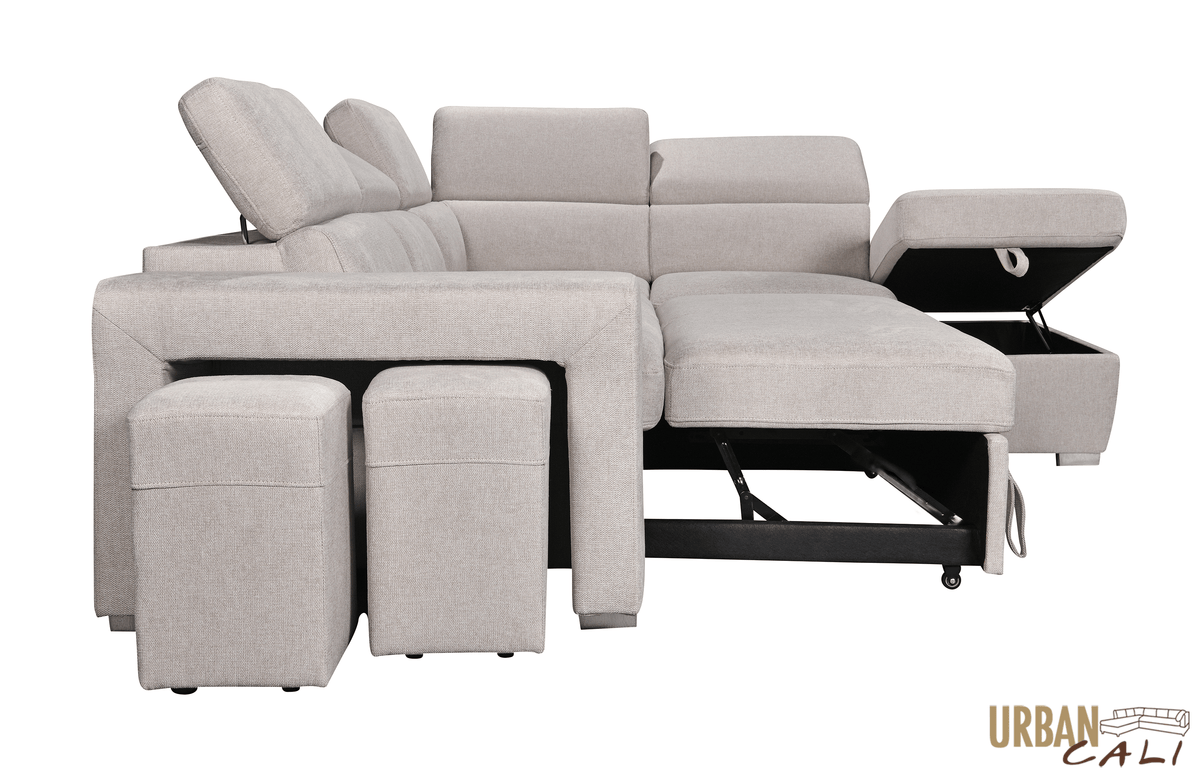 Urban Cali Pasadena 104.5" Wide Large Sleeper Sectional Sofa Bed with Storage Ottoman and 2 Stools, image 35