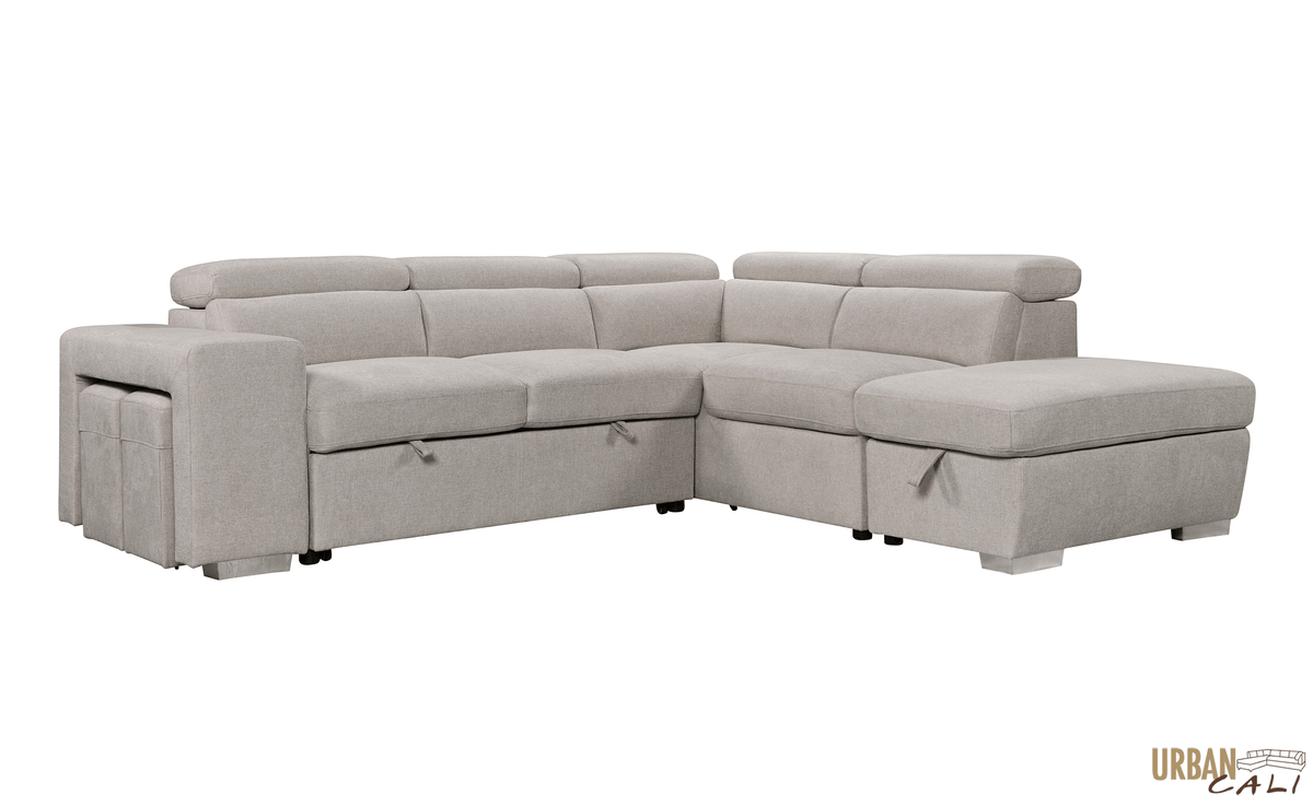 Urban Cali Pasadena 104.5" Wide Large Sleeper Sectional Sofa Bed with Storage Ottoman and 2 Stools, image 32