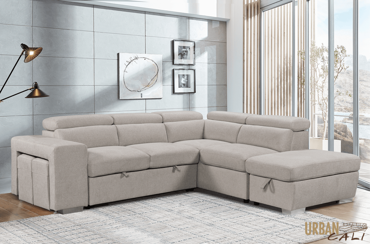 Urban Cali Pasadena 104.5" Wide Large Sleeper Sectional Sofa Bed with Storage Ottoman and 2 Stools, image 6