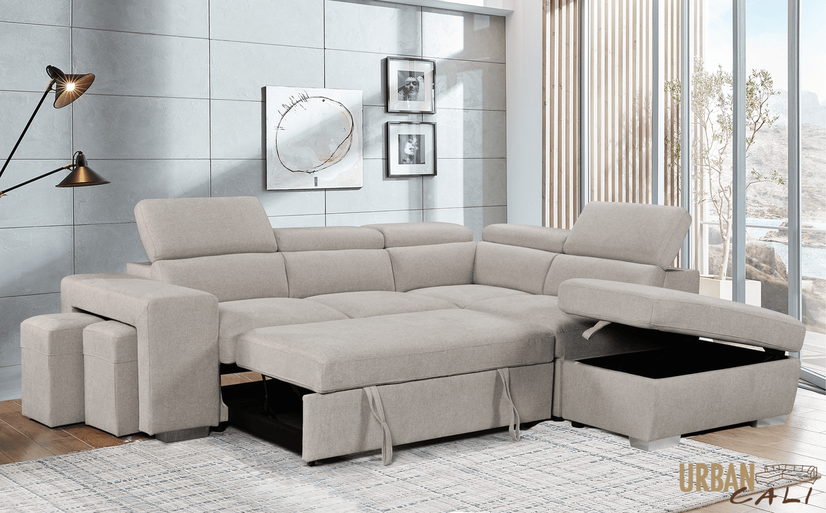 Urban Cali Pasadena 104.5" Wide Large Sleeper Sectional Sofa Bed with Storage Ottoman and 2 Stools, image 5