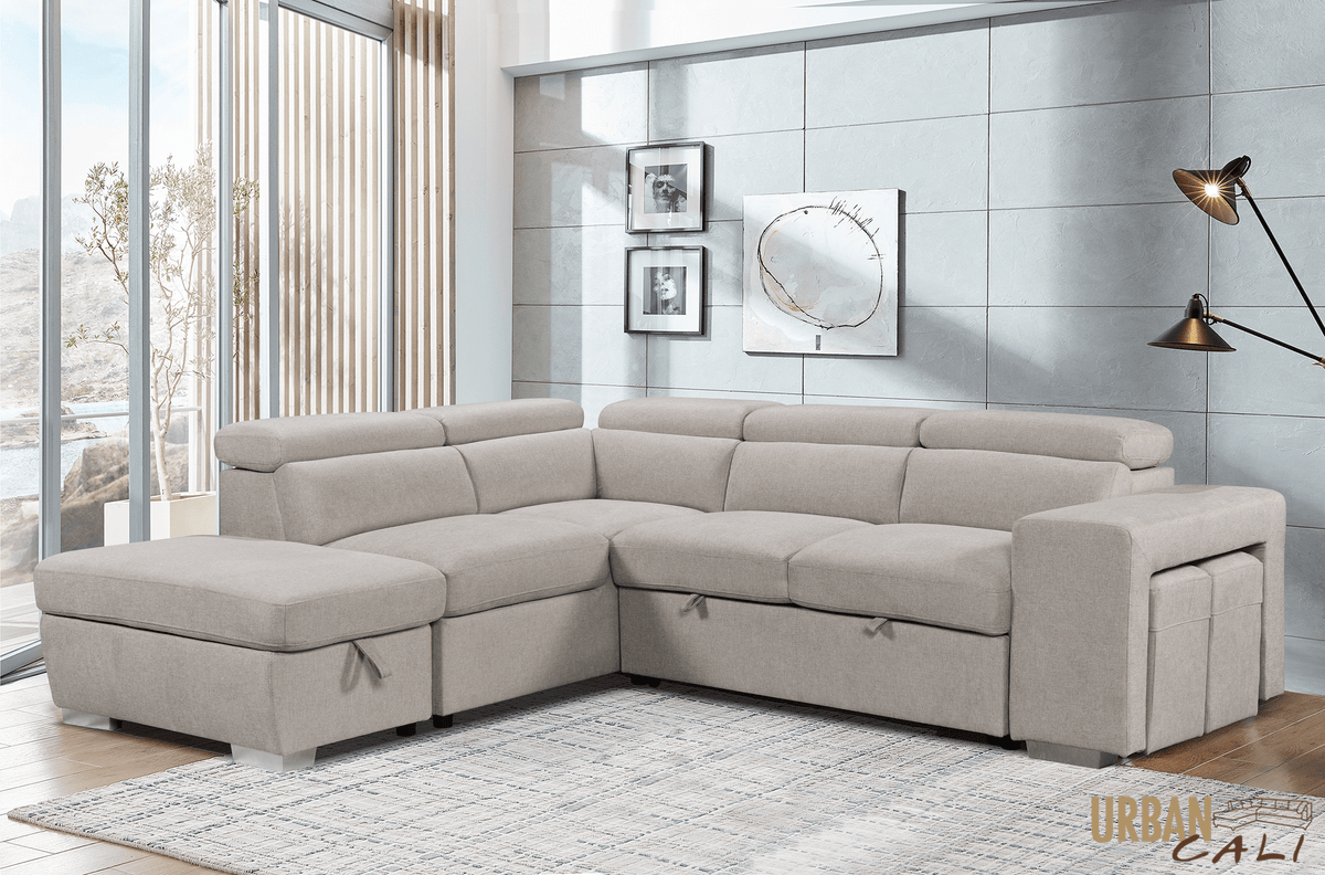 Urban Cali Pasadena 104.5" Wide Large Sleeper Sectional Sofa Bed with Storage Ottoman and 2 Stools, image 9