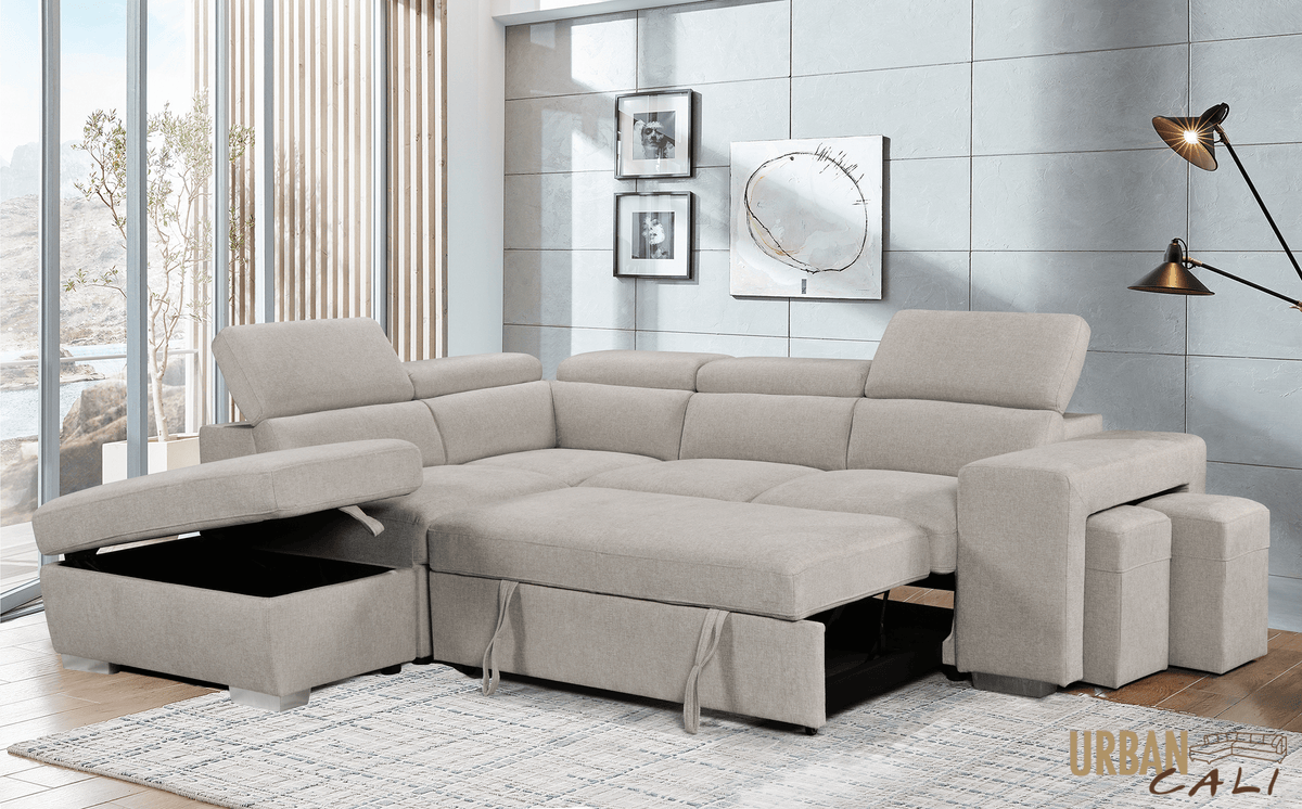 Urban Cali Pasadena 104.5" Wide Large Sleeper Sectional Sofa Bed with Storage Ottoman and 2 Stools, image 8