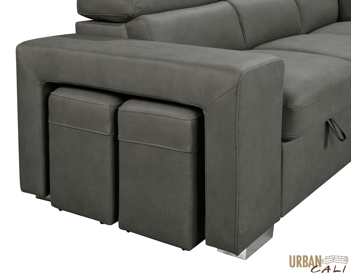 Urban Cali Pasadena 104.5" Wide Large Sleeper Sectional Sofa Bed with Storage Ottoman and 2 Stools, image 26