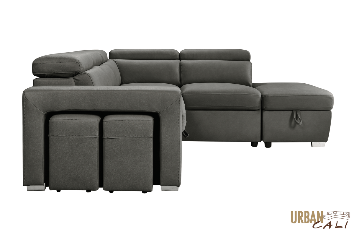 Urban Cali Pasadena 104.5" Wide Large Sleeper Sectional Sofa Bed with Storage Ottoman and 2 Stools, image 21