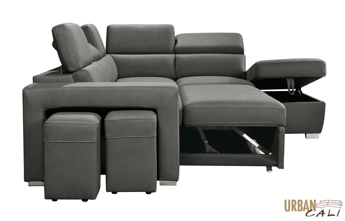 Urban Cali Pasadena 104.5" Wide Large Sleeper Sectional Sofa Bed with Storage Ottoman and 2 Stools, image 20