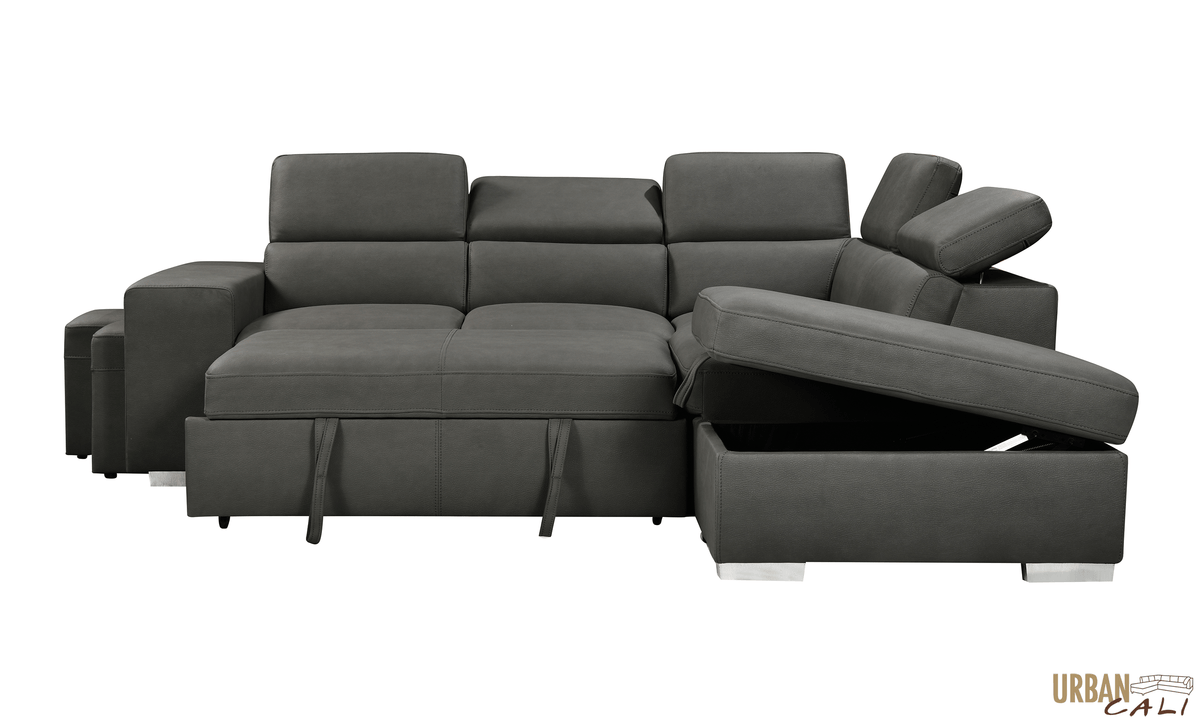 Urban Cali Pasadena 104.5" Wide Large Sleeper Sectional Sofa Bed with Storage Ottoman and 2 Stools, image 18